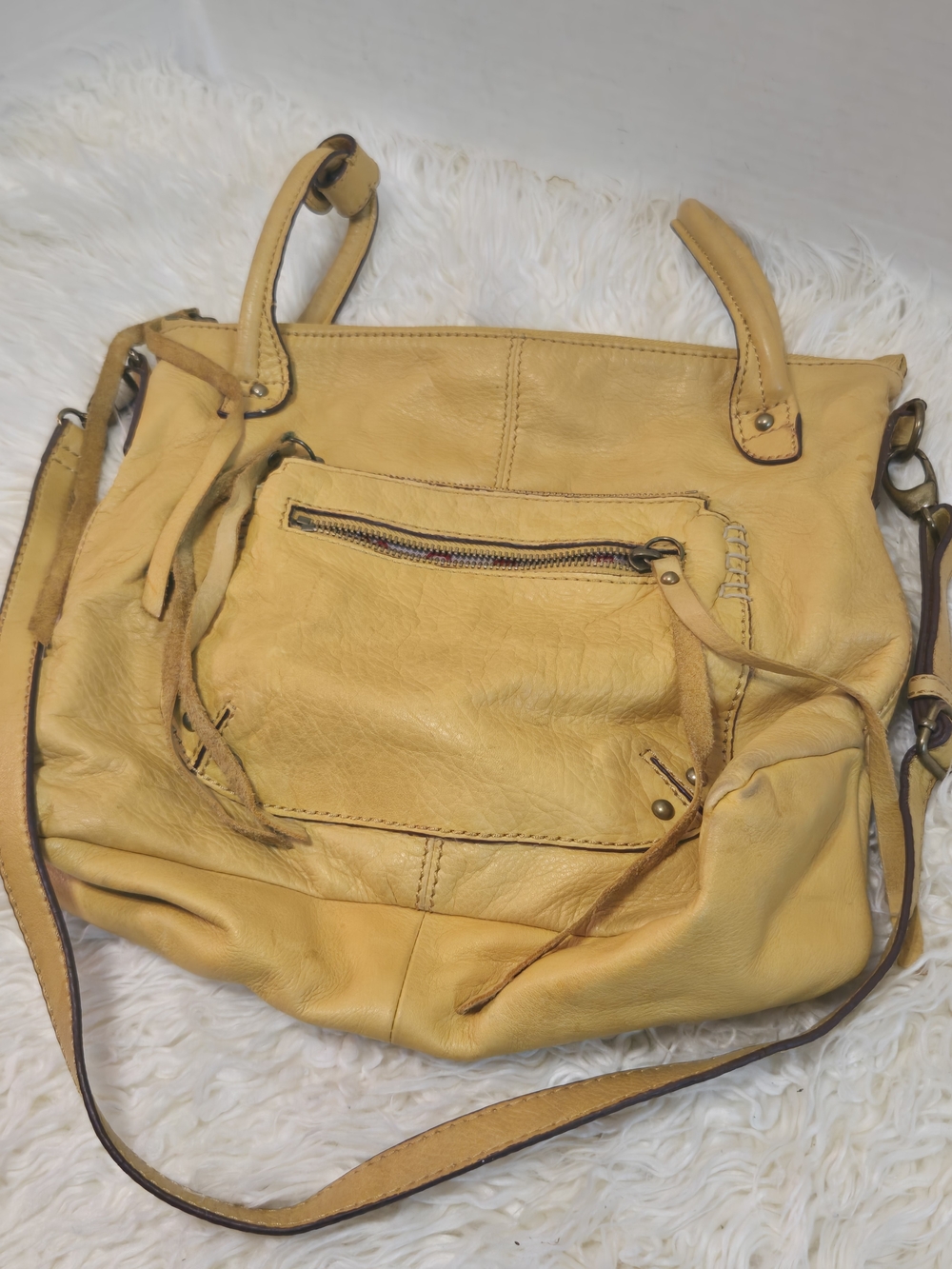 Lucky Brand Yellow Leather Shoulder Bag with Front Zip Pocket